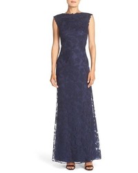 Navy Embroidered Lace Evening Dress