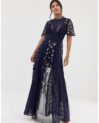 Amelia Rose Embroidered Lace Front Maxi Dress Inserts In Navy