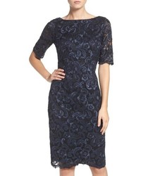 Navy Embroidered Lace Sheath Dress