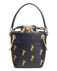 Navy Embroidered Leather Bucket Bag