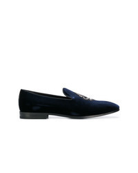Navy Embroidered Leather Loafers