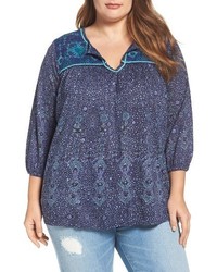 Lucky Brand Plus Size Embroidered Split Neck Top