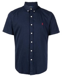 Navy Embroidered Linen Polo