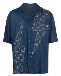 Navy Embroidered Linen Short Sleeve Shirt