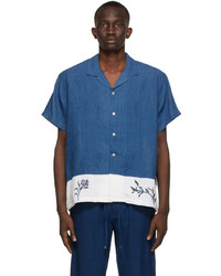 HARAGO Blue Cross Stitch Panel Shirt