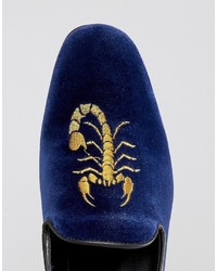 Asos Loafers In Navy Velvet With Scorpian Embroidery