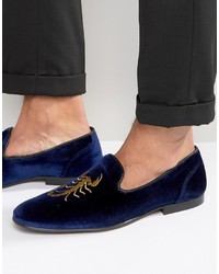 Asos Loafers In Navy Velvet With Scorpian Embroidery