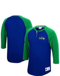 Mitchell & Ness Royal Seattle Seahawks Historic Logo Ultimate Play Henley 34 Sleeve Raglan T Shirt