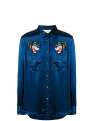 Gucci Embroidered Wolves Satin Shirt