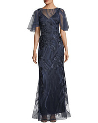 David Meister Flutter Sleeve Embroidered Mesh Evening Gown