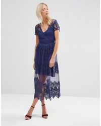 Asos Embroidered Mesh And Lace Midi Dress