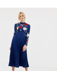 Asos Tall Asos Design Tall Pleated High Neck Midi Dress With Embroidery