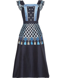Temperley London Poppy Field Embroidered Cotton Poplin Midi Dress Midnight Blue