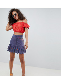 Asos Tall Asos Design Tall Button Front Embroidered Pep Hem Mini Skirt