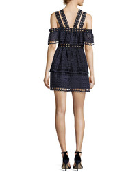 Self-Portrait Embroidered Off The Shoulder Tiered Mini Dress Navy