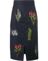 Navy Embroidered Pencil Skirt