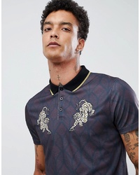ASOS DESIGN Polo In Textured Jersey With Embroidered Tiger And Metallic Tip Collar