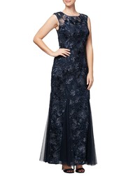 Navy Embroidered Sequin Evening Dress