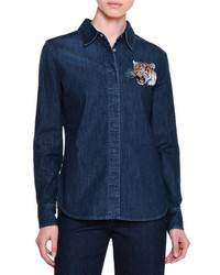 Stella McCartney Button Front Tiger Embroidered Shirt Dark Blue