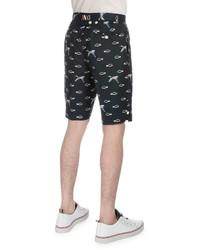 Thom Browne Embroidered Crane Cloud Flat Front Shorts Navy