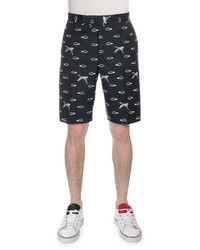 Thom Browne Embroidered Crane Cloud Flat Front Shorts Navy