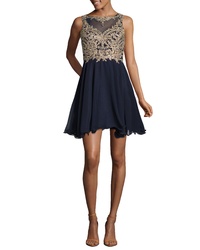 Navy Embroidered Silk Fit and Flare Dress