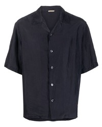 Navy Embroidered Silk Short Sleeve Shirt