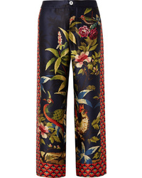 Navy Embroidered Silk Wide Leg Pants