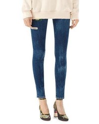 Navy Embroidered Skinny Pants