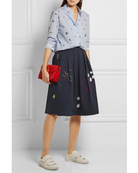 Mira Mikati Pleated Embroidered Cotton Twill Skirt Navy