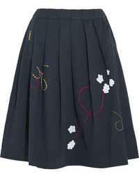 Mira Mikati Pleated Embroidered Cotton Twill Skirt Navy