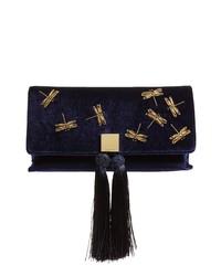 Navy Embroidered Suede Clutch