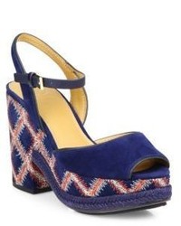 Navy Embroidered Suede Wedge Sandals