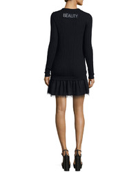 RED Valentino Ribbed Sweater Dress W Point Desprit Skirt Word Embroidery Navy