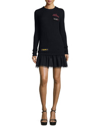 RED Valentino Ribbed Sweater Dress W Point Desprit Skirt Word Embroidery Navy