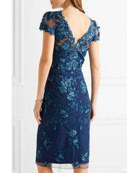 Marchesa Notte Sequin Embellished Embroidered Tulle Dress Navy