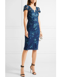 Marchesa Notte Sequin Embellished Embroidered Tulle Dress Navy