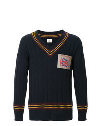Navy Embroidered V-neck Sweater
