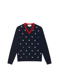 Gucci Wool V Neck With Bees And Stars