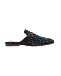 Navy Embroidered Velvet Loafers