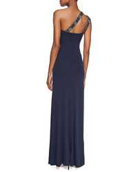 David Meister Beaded One Shoulder Gown Navy
