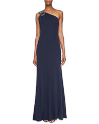 David Meister Beaded One Shoulder Gown Navy