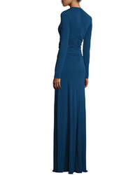 St. John Collection Ruched Matte Jersey V Neck Gown Sapphire