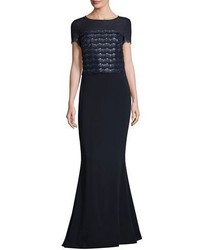 St. John Collection Sparkling Scalloped Short Sleeve Gown Navy