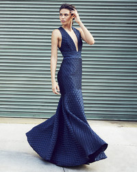 Milly Cross Back Jacquard Mermaid Gown Navy