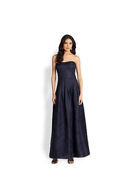 Kay Unger Strapless Silk Pleated Gown Navy
