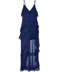 Alice + Olivia Laverne Asymmetric Ruffled Crepon Gown Navy