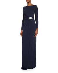 David Meister Long Sleeve Buckled Jersey Gown Navy
