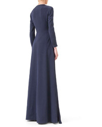Akris Long Sleeve Silk Crepe Pleated A Line Gown Navy