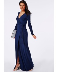 Missguided Slinky Wrap Front Maxi Dress Navy